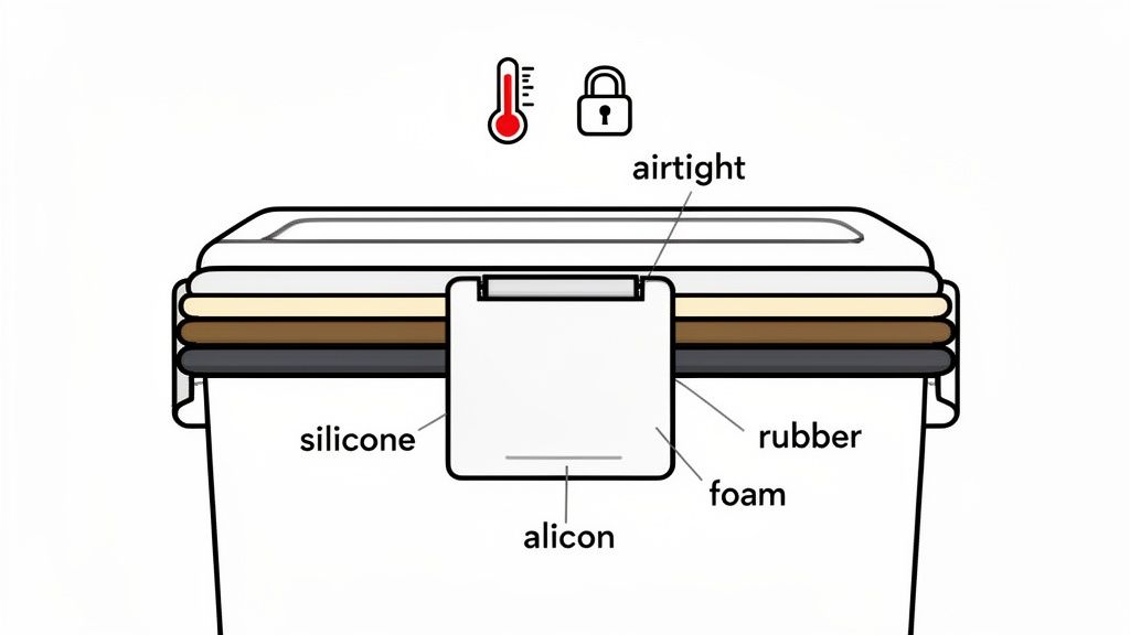A diagram showing the cross-section of a food storage container with multiple layers and labels for silicone, rubber, foam, alicon, and airtight.