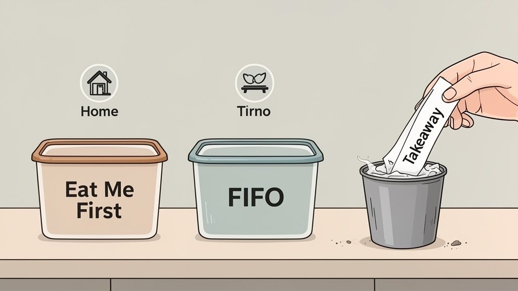 Image illustrates food management: 'Eat Me First' home container, 'FIFO' container, and 'Takeaway' in a bin.