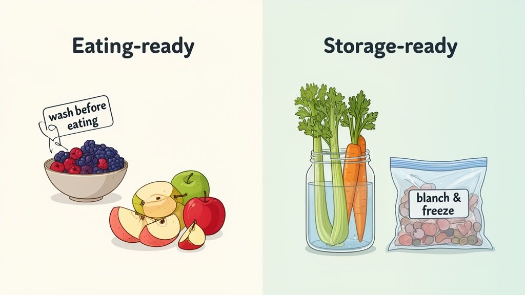 An illustration comparing 'eating-ready' fruits needing washing, with 'storage-ready' vegetables prepared for longer shelf life.