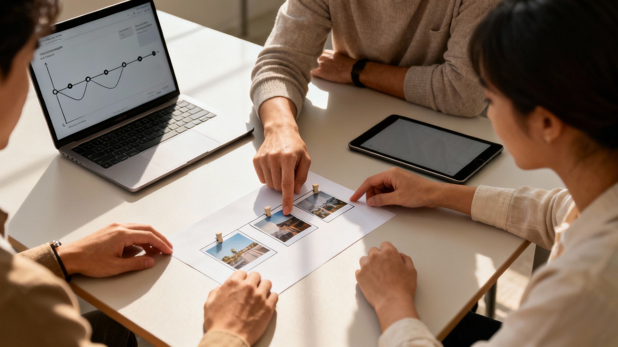Three people collaborate at a table, discussing travel photos and reviewing a graph on a laptop.