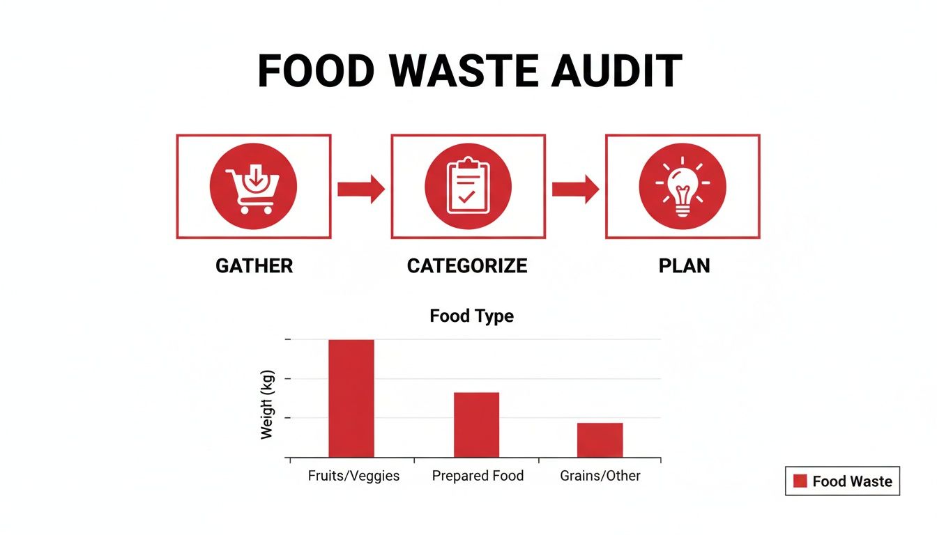 A food waste audit process diagram with a bar chart showing food waste by type.