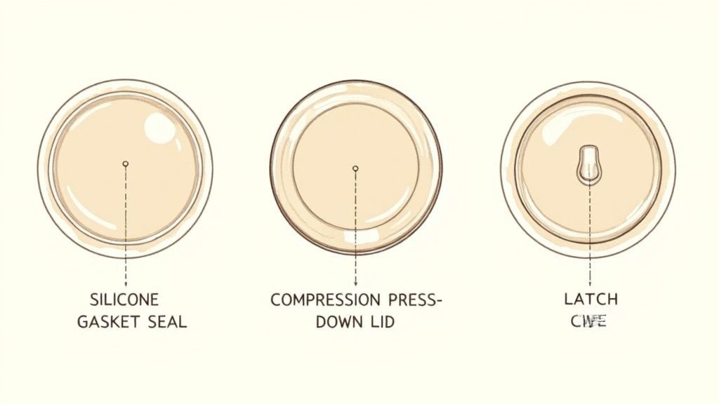 Three circular container lids demonstrate different sealing types: silicone gasket, compression press-down, and latch.