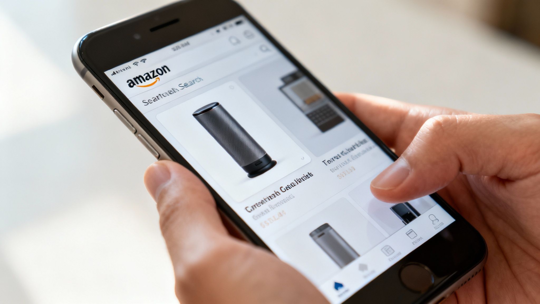 Close-up of hands holding a smartphone displaying the Amazon app with smart speakers.