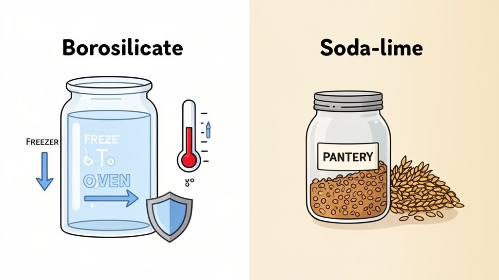 A comparison image showing borosilicate glass for thermal shock resistance and soda-lime glass for pantry storage.
