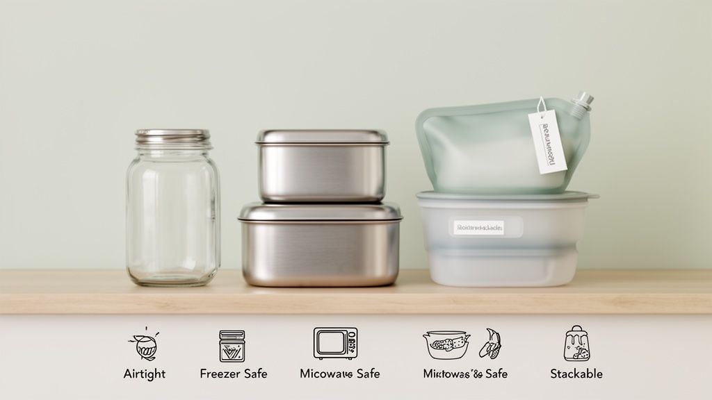 Various modern, eco-friendly food storage containers made of glass, stainless steel, and silicone on a wooden shelf.