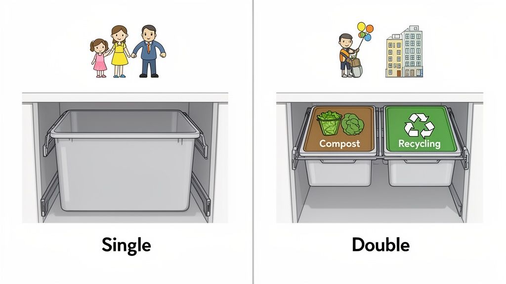 Comparison of single and double pull-out trash cans under a cabinet for different household needs.