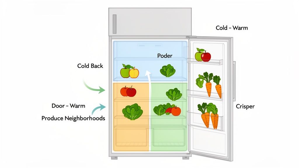 Diagram of a refrigerator interior showing optimal storage zones for various produce to keep them fresh.