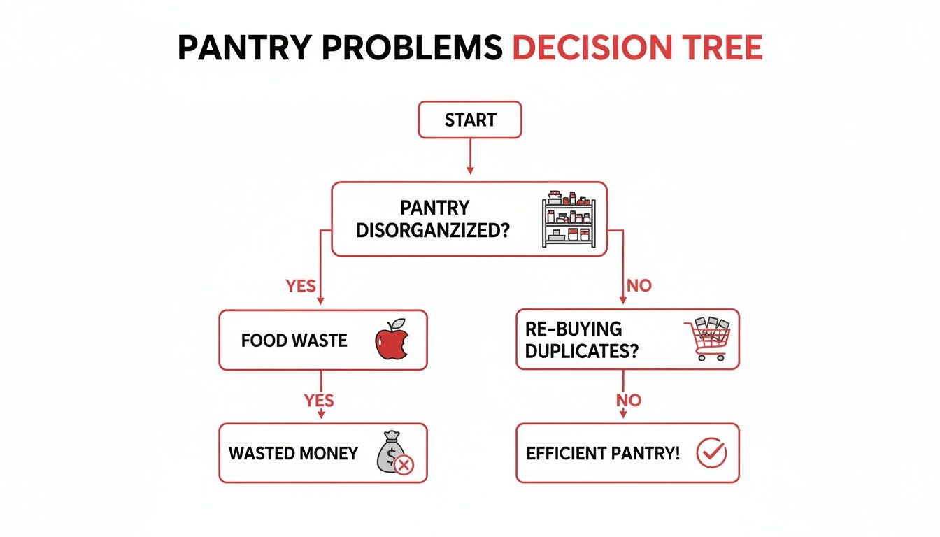 A decision tree illustrating pantry problems, showing paths for disorganized pantries leading to food waste and wasted money.