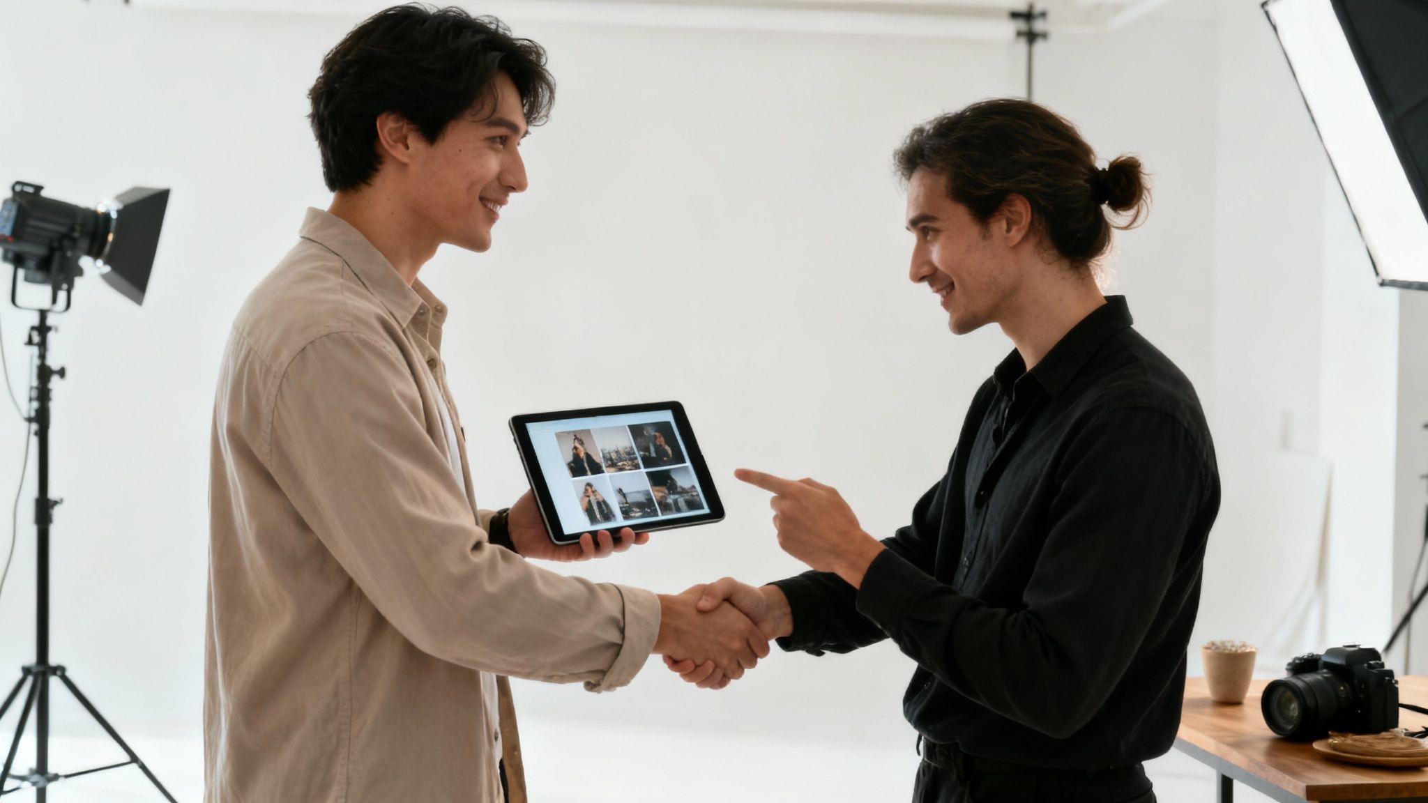 Two male photographers shaking hands in a studio, looking at photos on a tablet.