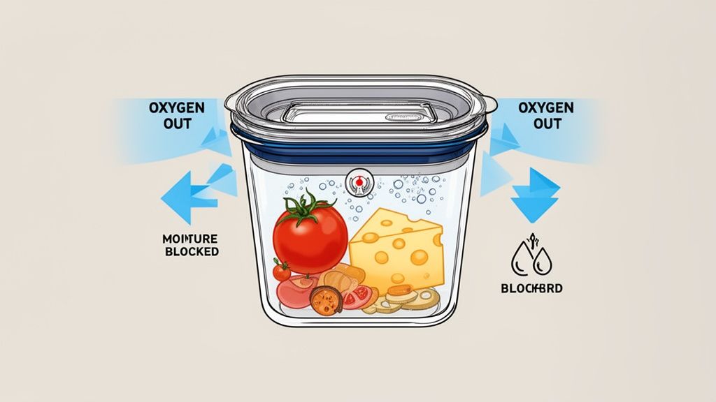 Illustration of a food storage container removing oxygen and blocking moisture to preserve freshness of tomatoes and cheese.
