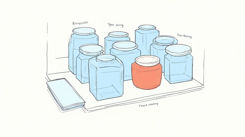 A sketch illustrating space-saving, reusable food storage jars on a shelf, with one orange jar.
