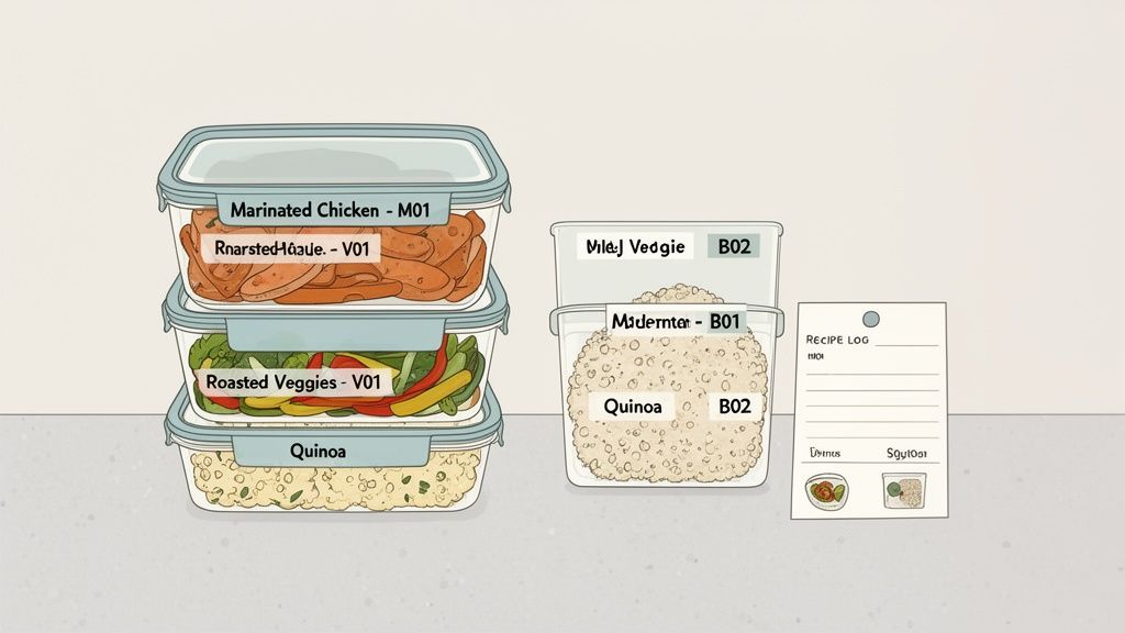 Various labeled meal prep containers filled with chicken, roasted vegetables, and quinoa, organized for meals.