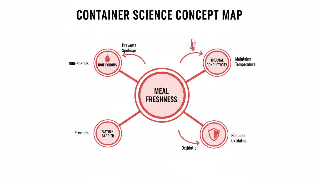 Concept map detailing container properties: non-porous, thermal conductivity, oxygen barrier, and oxidation reduction for meal freshness.