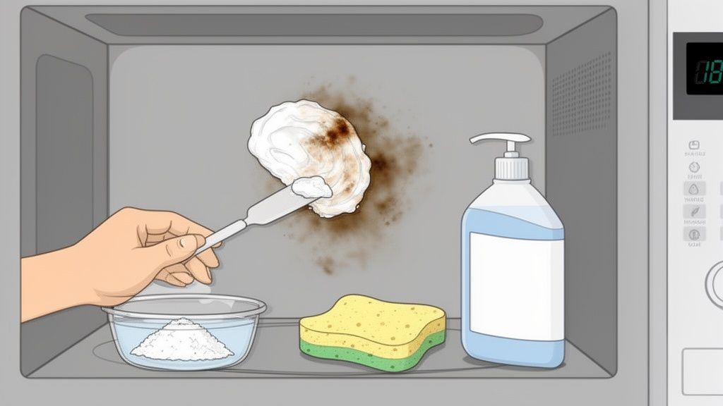 A hand applies a cleaning paste to a burnt stain inside a microwave oven, with cleaning supplies.
