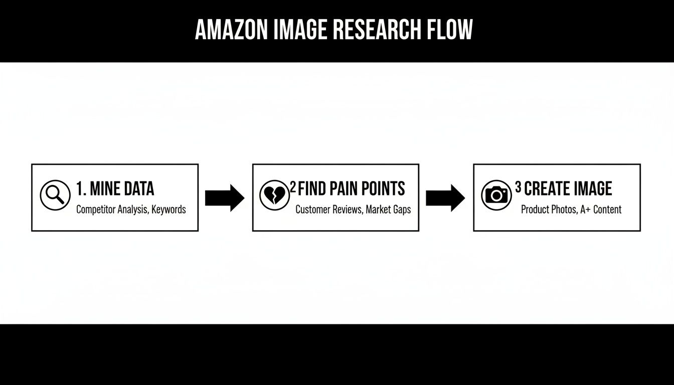 Flowchart showing Amazon image research process: mine data, find pain points, and create images.