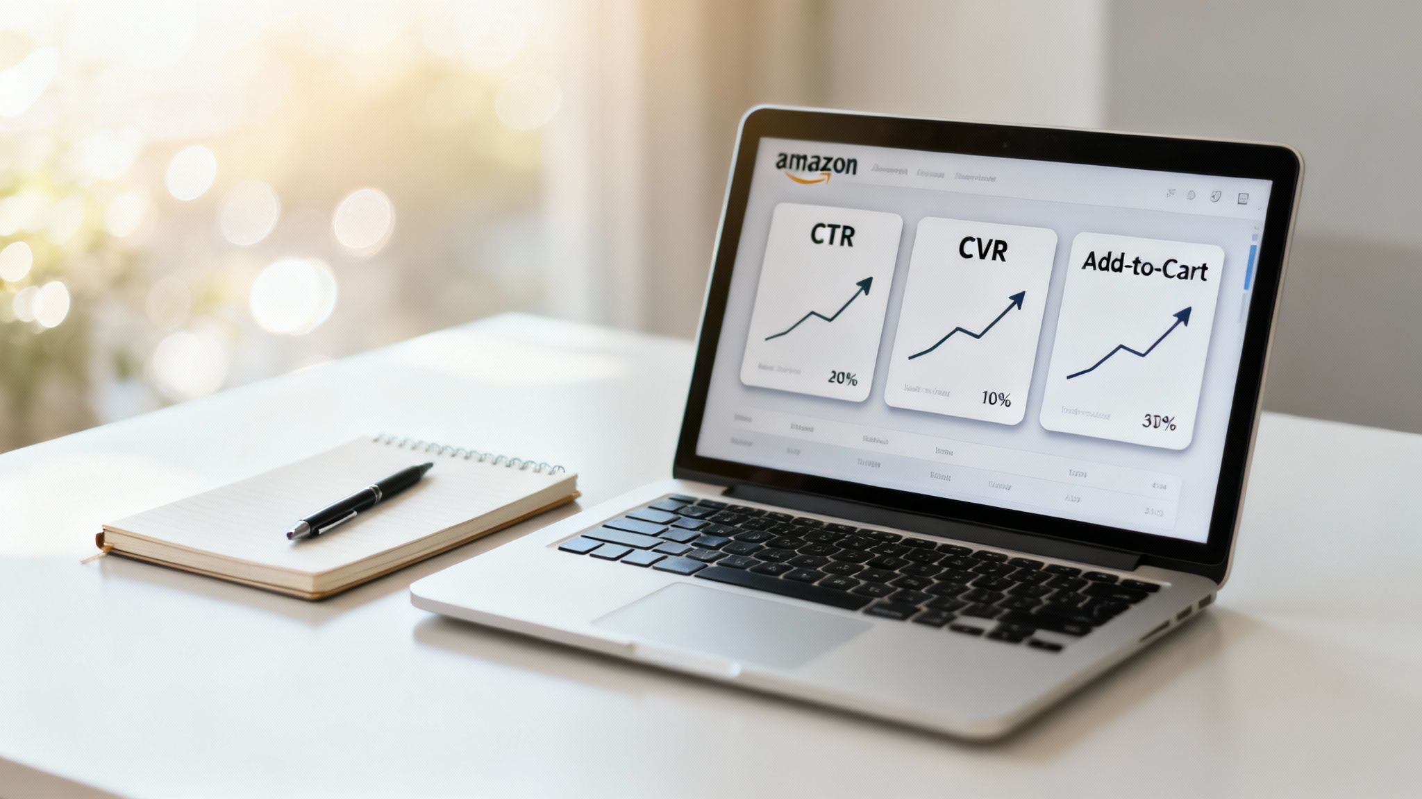 A laptop on a desk displays Amazon analytics for CTR, CVR, and Add-to-Cart metrics.