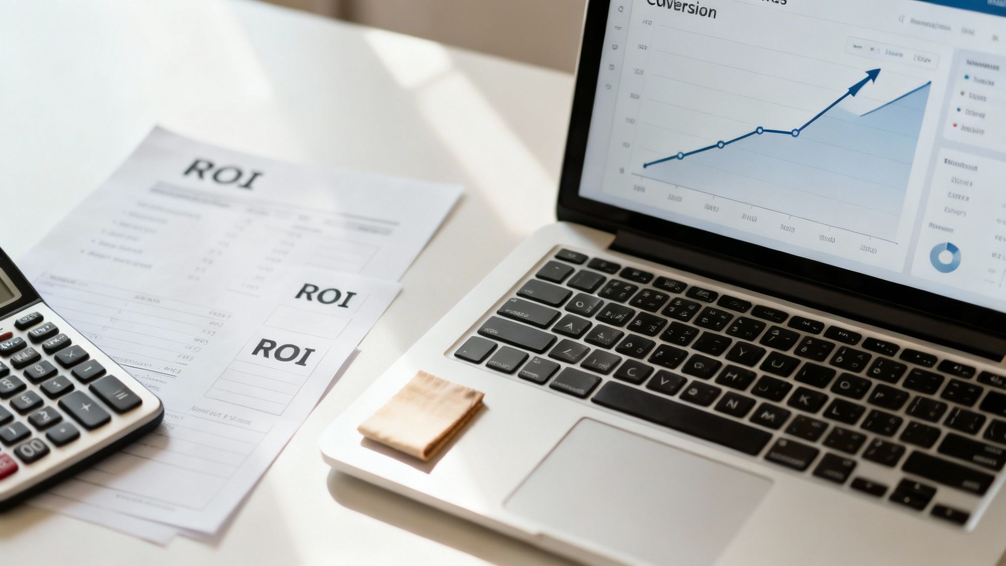 A desk with a laptop displaying a growth graph, ROI documents, and a calculator, signifying business analysis.