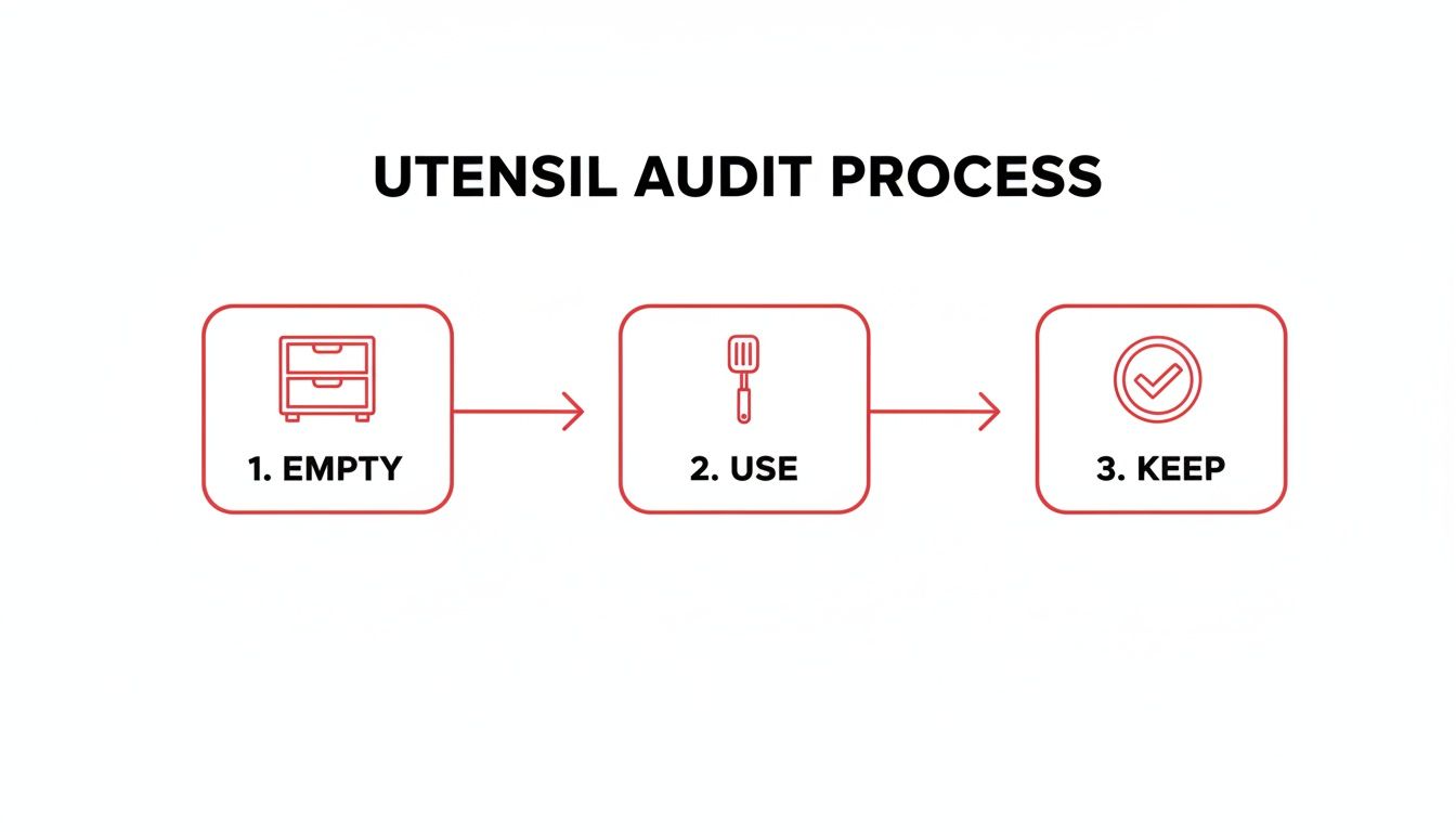 Diagram illustrates a utensil audit process with three steps: Empty, Use, and Keep.