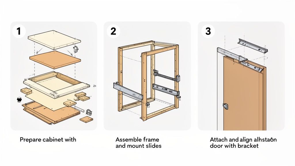 Three steps illustrating the assembly of a pull-out cabinet: preparing components, mounting slides, and attaching the door.