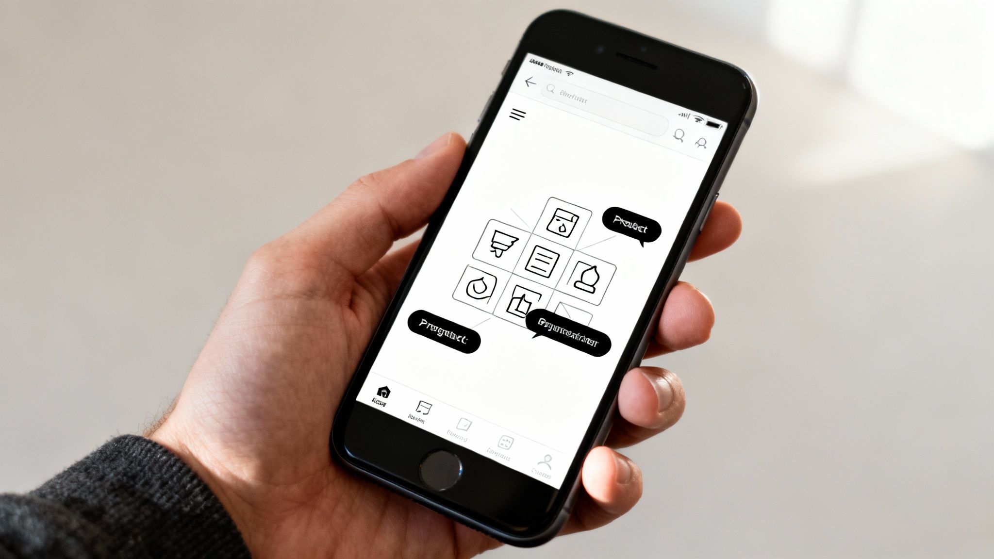 A hand holds a black smartphone displaying a mind map with icons and German text on a white screen.