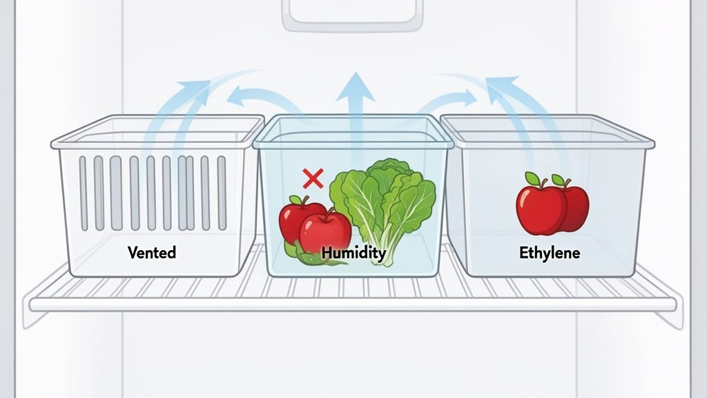 Diagram showing three refrigerator crisper bins: vented, humidity for greens, and ethylene for apples.