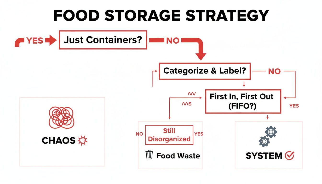 Flowchart illustrating food storage strategies, leading to chaos, food waste, or an organized system.