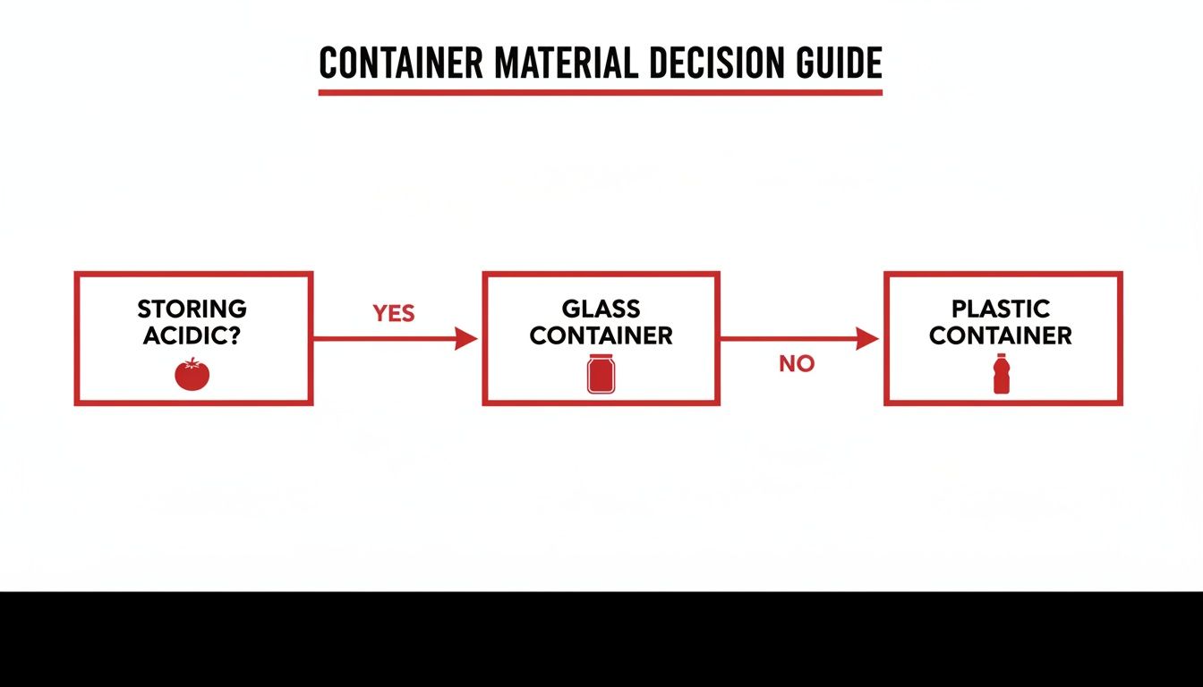 Flowchart showing a decision guide for choosing food containers based on acidity: glass for acidic, plastic for non-acidic.