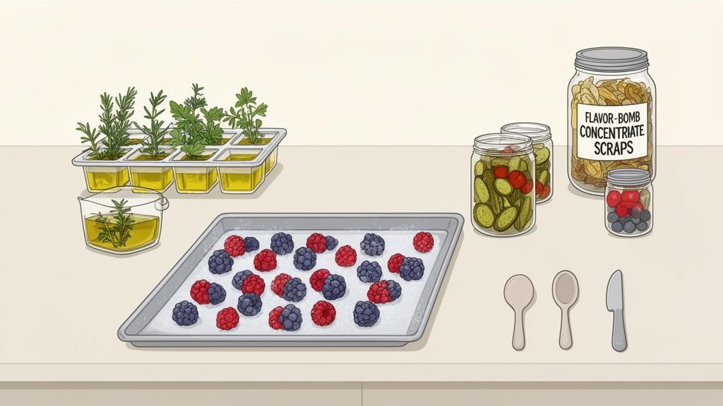 A kitchen counter with berries on a tray, potted herbs, pickled vegetables, a jar of 'flavor-bomb concentrate scraps', and utensils.