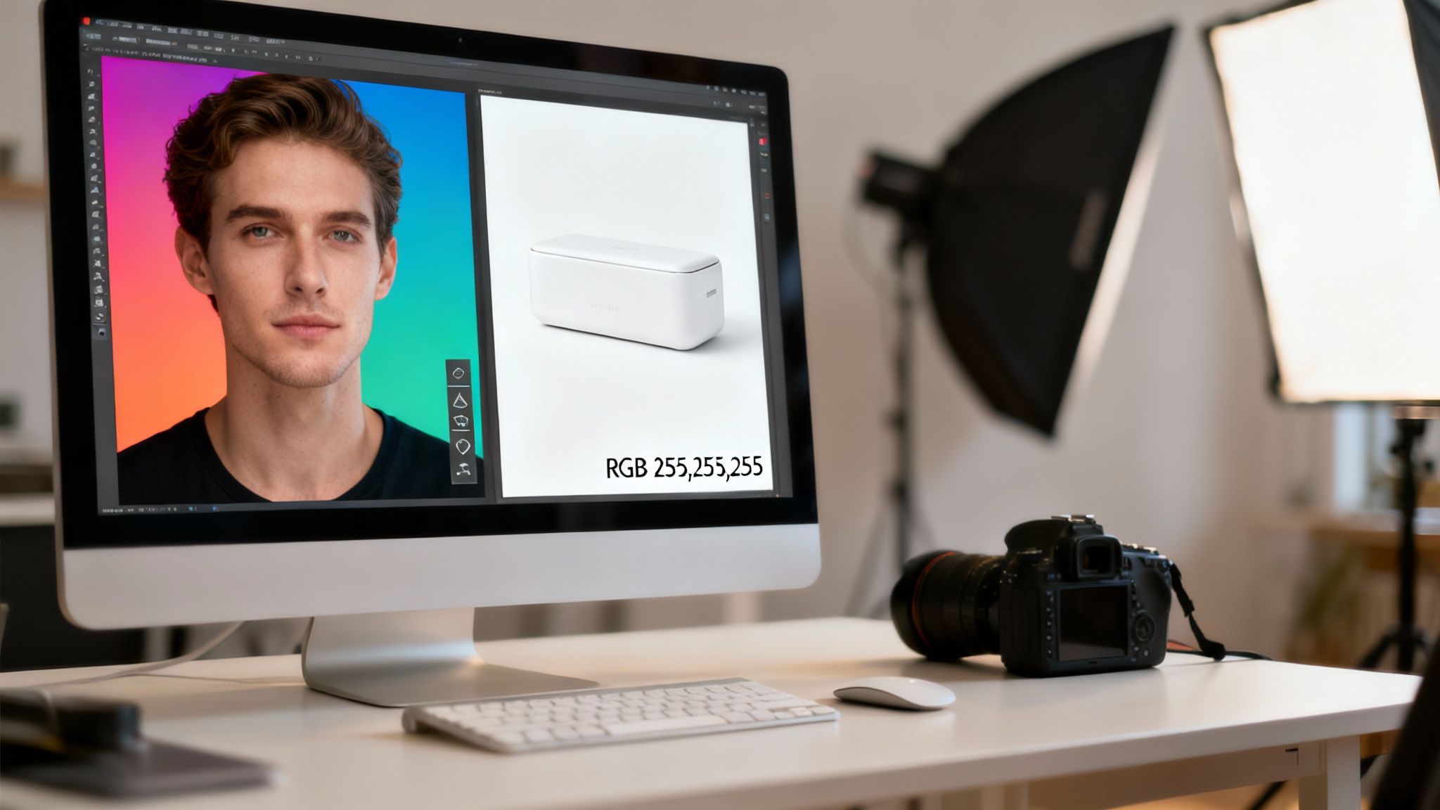 A person editing product and portrait photos on a computer in a photography studio environment.
