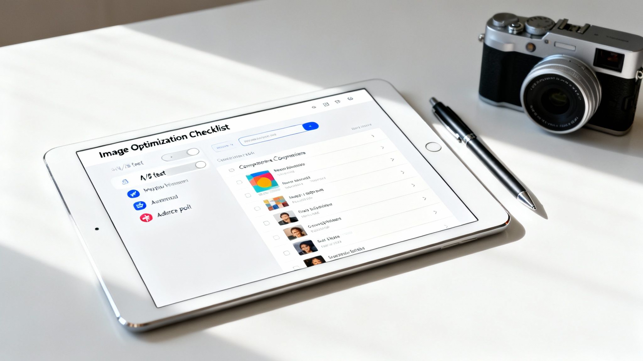 A tablet displays an "Image Optimization Checklist" app alongside a camera and a pen on a white desk.
