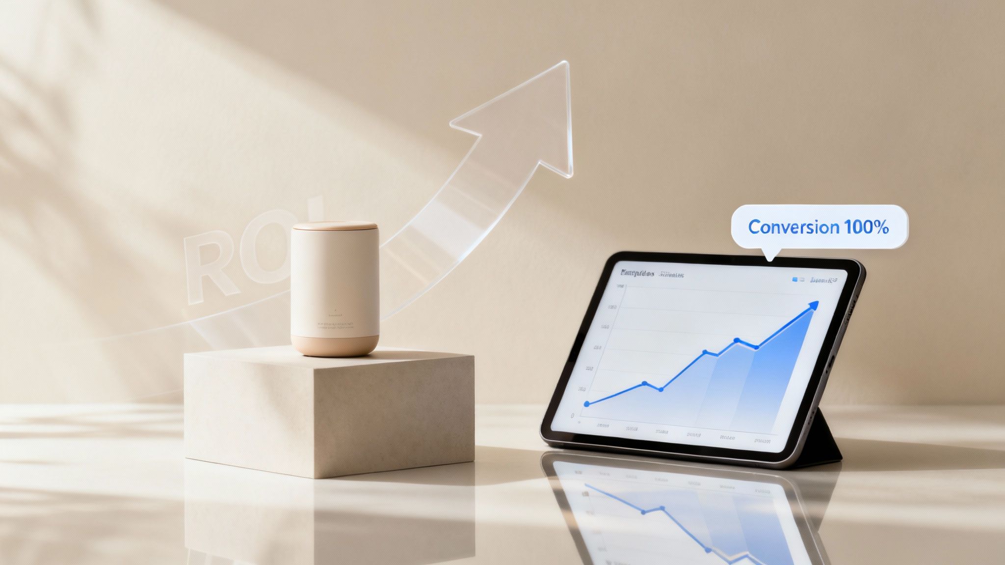 A tablet displays a rising conversion graph next to a smart device and an upward arrow, symbolizing business growth.