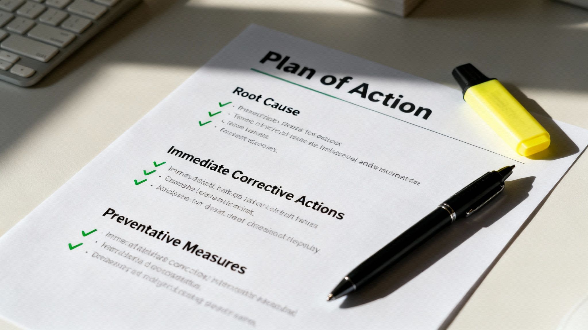 Plan of Action document detailing root cause, corrective actions, and preventative measures, with pen and highlighter.