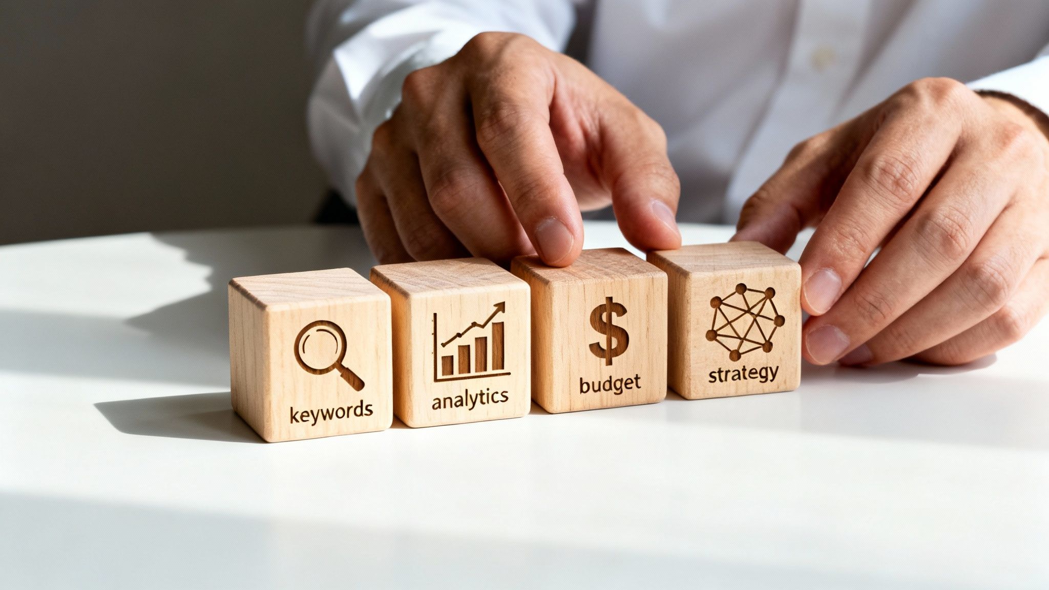 Hands arranging wooden cubes with keywords, analytics, budget, and strategy icons on a white table.