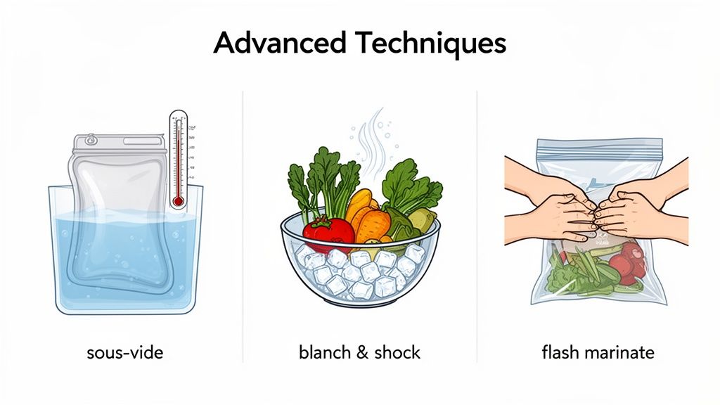 Illustration of advanced cooking techniques: sous-vide, blanch and shock, and flash marinating vegetables.