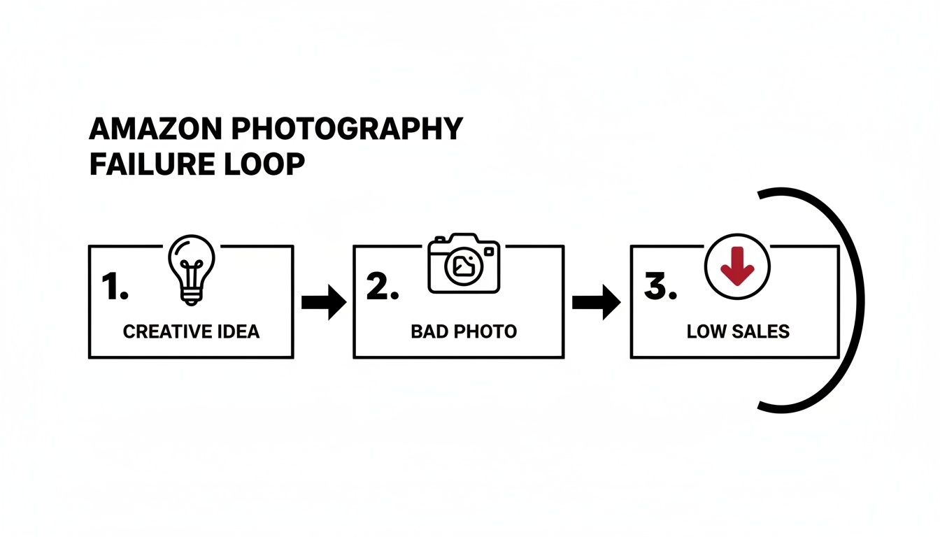 Diagram illustrating the Amazon photography failure loop from creative idea to bad photo and low sales.