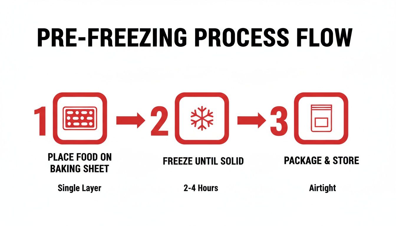 A three-step diagram illustrates the pre-freezing process for food: place on baking sheet, freeze until solid, then package and store.