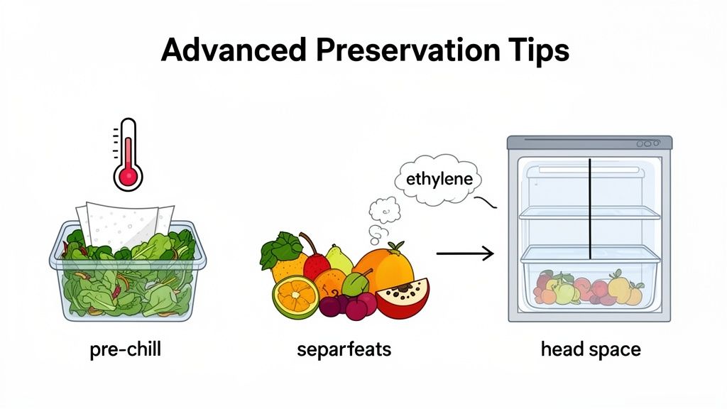 Illustration of advanced food preservation tips: pre-chilling greens, separating ethylene-producing fruits, and utilizing refrigerator headspace.
