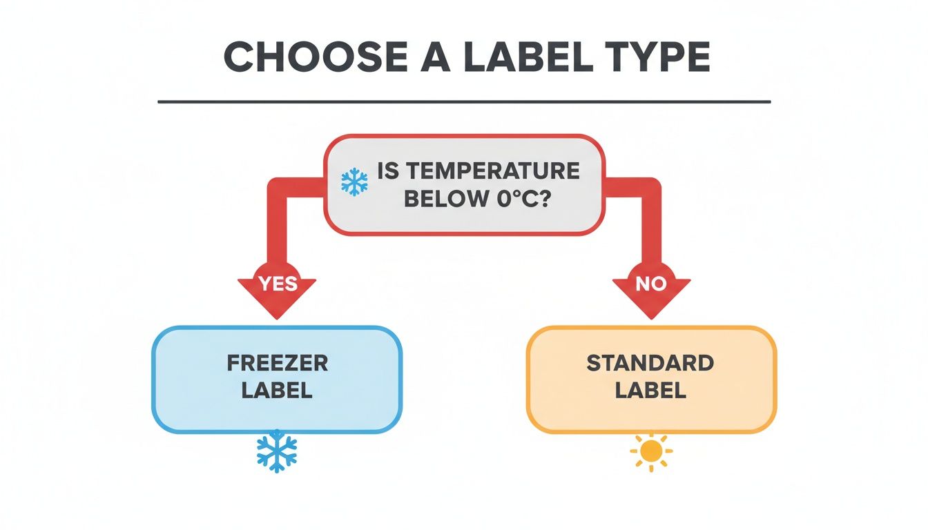 A flowchart showing how to choose between freezer and standard labels based on temperature below 0°C.