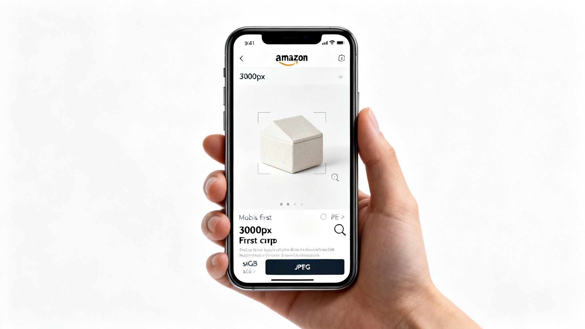 A hand holding a smartphone displaying the Amazon app with a light-colored house-shaped product.