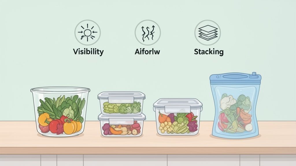 Various food storage containers with fresh vegetables and fruits, illustrating visibility, airflow, and stacking features.