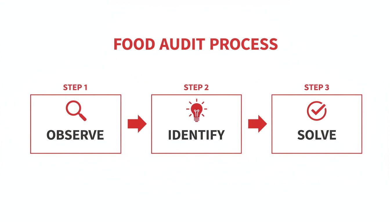 A flowchart detailing the food audit process with three steps: Observe, Identify, and Solve, each with an icon.