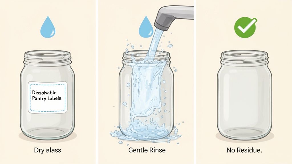 A three-step guide demonstrating dissolvable pantry labels that leave no residue after rinsing.