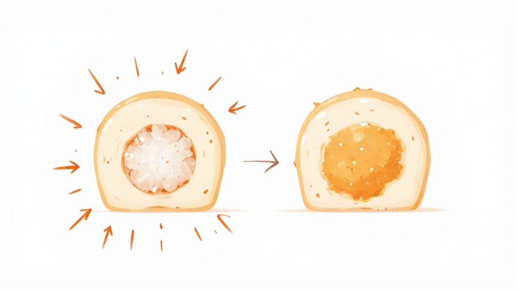 Comparison showing a food item with frosty white filling (freezer burn) next to a properly preserved one.