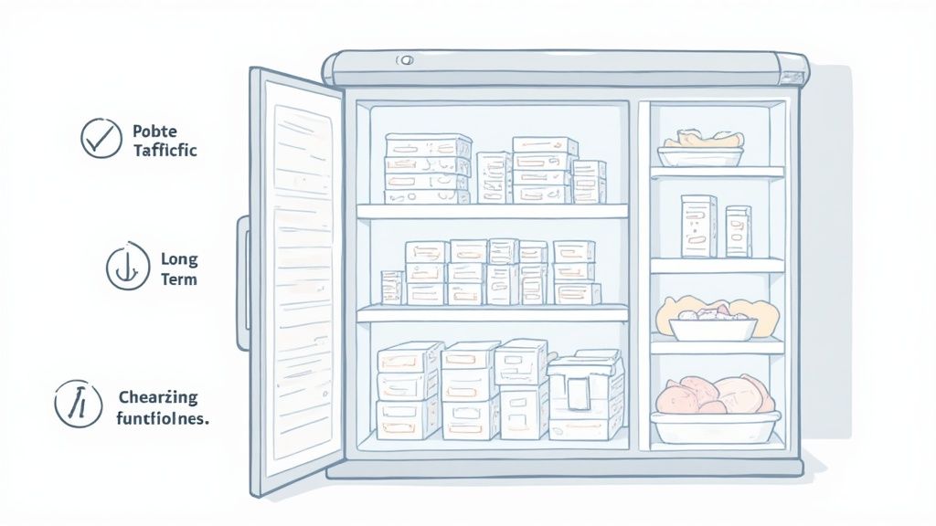An illustration of a fully stocked freezer with its door open, showing food packages and bowls on shelves.