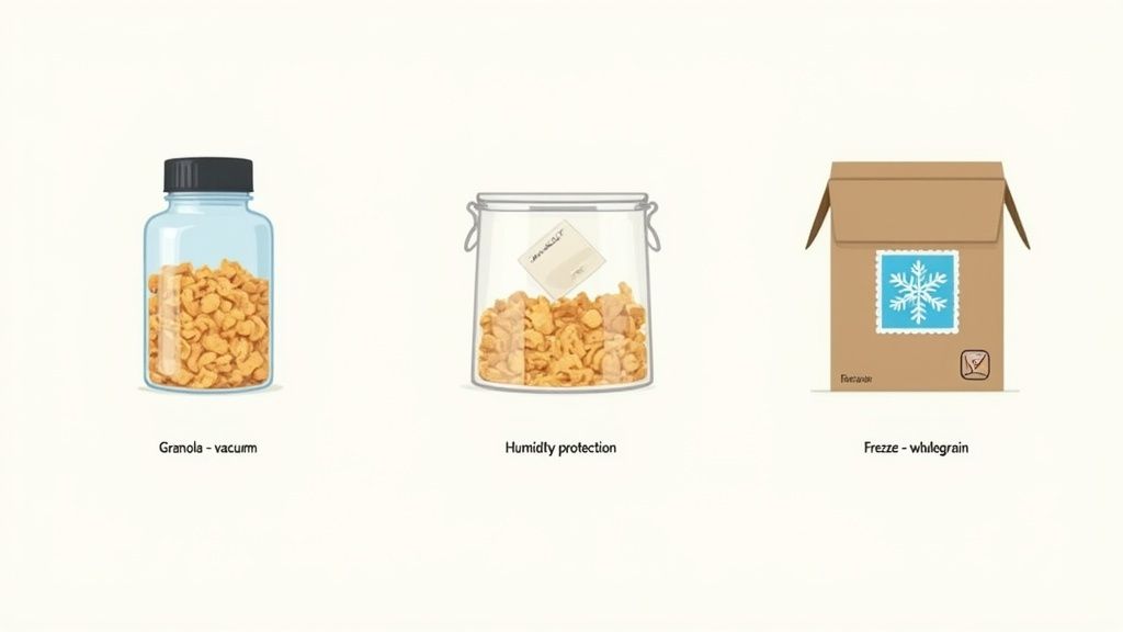 Three illustrations show different cereal storage methods: vacuum-sealed granola, humidity-protected, and frozen wholegrain.
