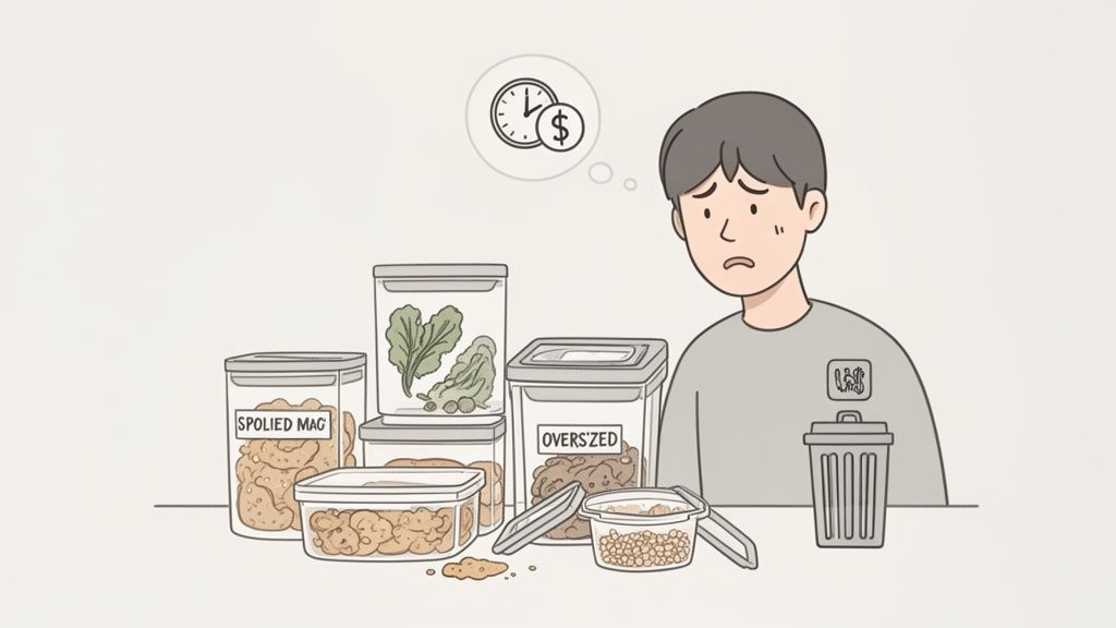 A worried person with many inefficient food storage containers, spilled food, and a trash can, thinking about time and money.