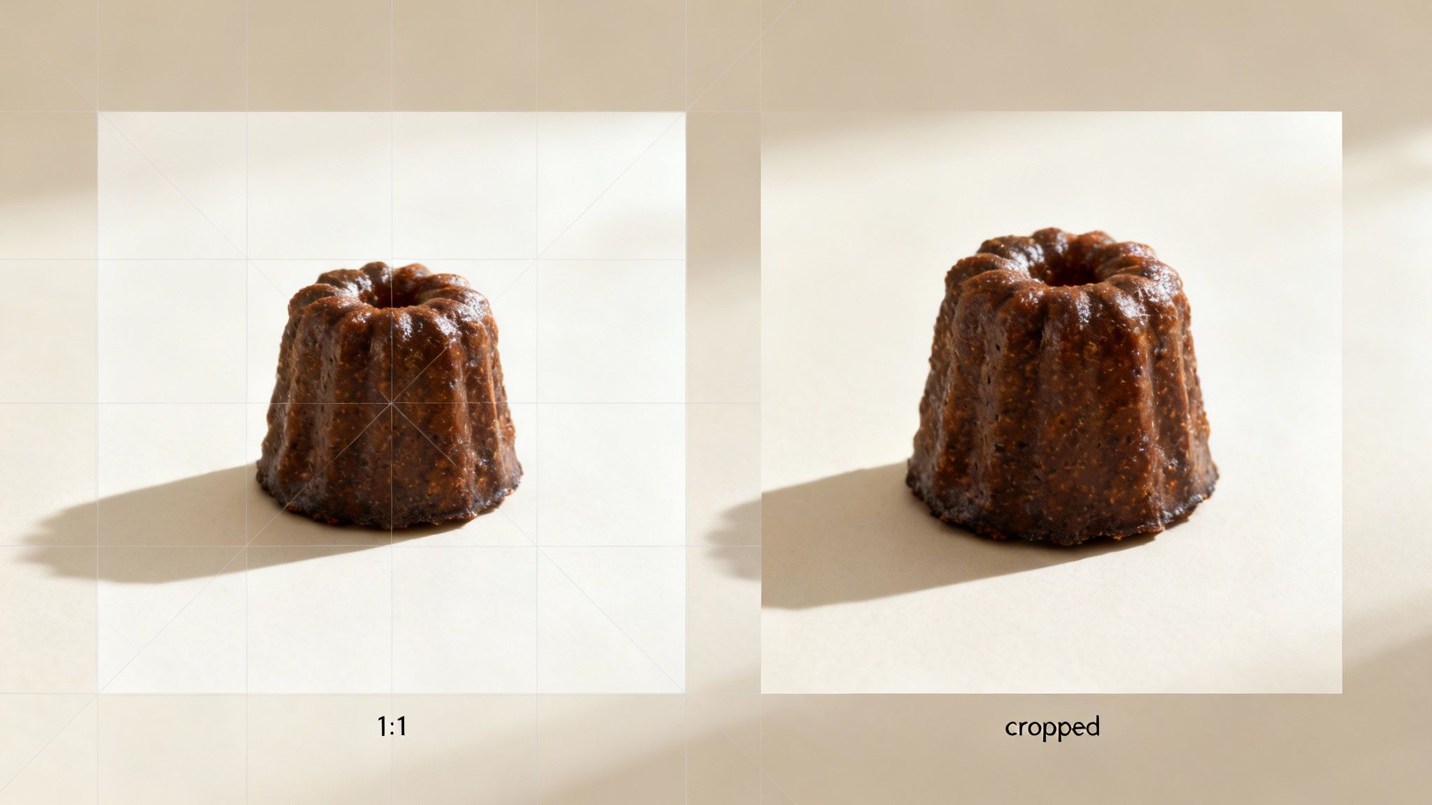 Two images comparing a dark brown Canelé pastry on a light background, showing 1:1 aspect ratio with grid and a cropped version.