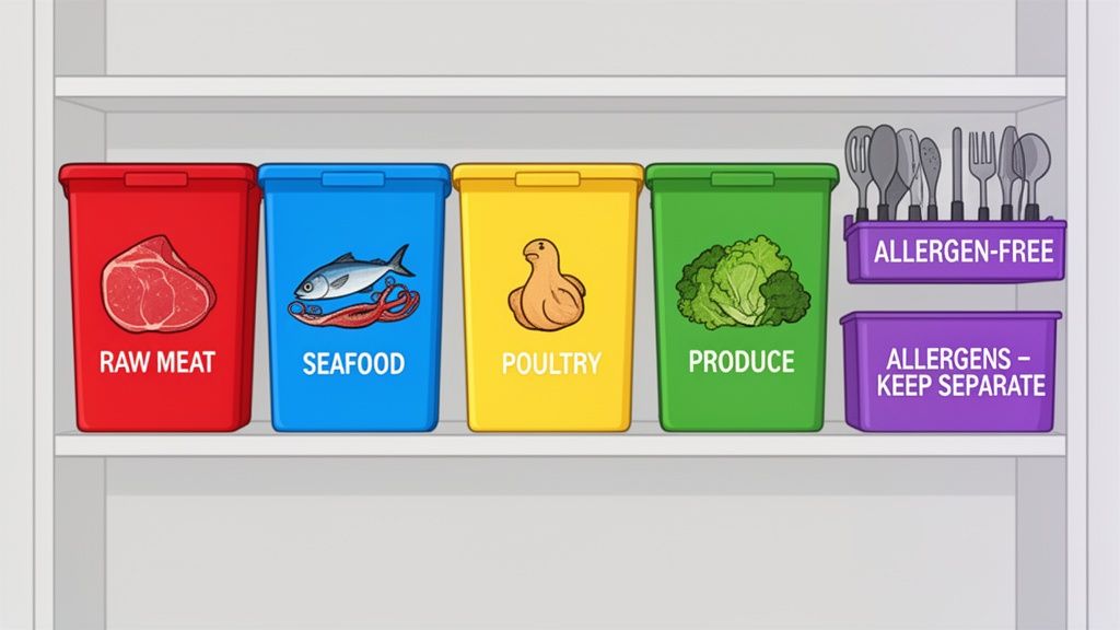 Colorful bins on a shelf for raw meat, seafood, poultry, produce, and separate allergen-free utensils, illustrating kitchen food safety.