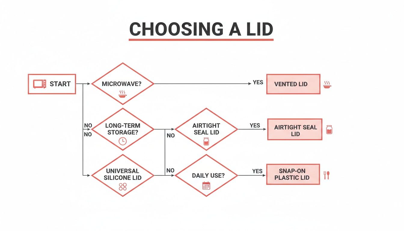 A decision flowchart guides users in selecting the appropriate lid for food storage containers.
