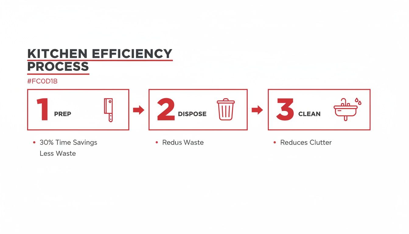 Infographic showing a 3-step kitchen efficiency process: Prep, Dispose, Clean, with associated benefits.
